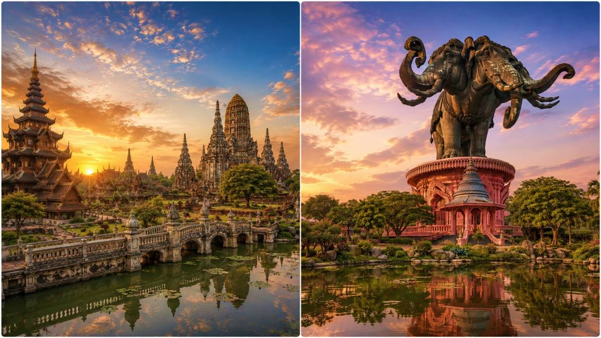 Left: Ornate Buddhist temples with golden spires reflected in canal at sunset, Bangkok. Right: Giant elephant statue on pink 